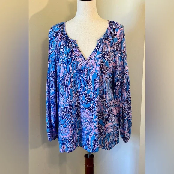 Lilly Pulitzer Winsley Blouse in Lapis Lazuli Horseshoe Bay SZ XL - Picture 3 of 8